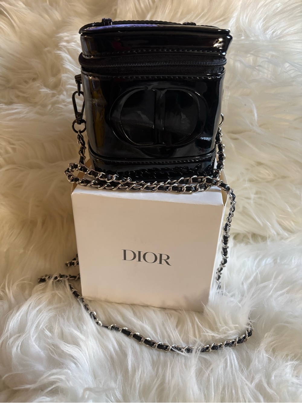 Dior Beauty Patent Cosmetic Vanity Case with Top Handle & Chain